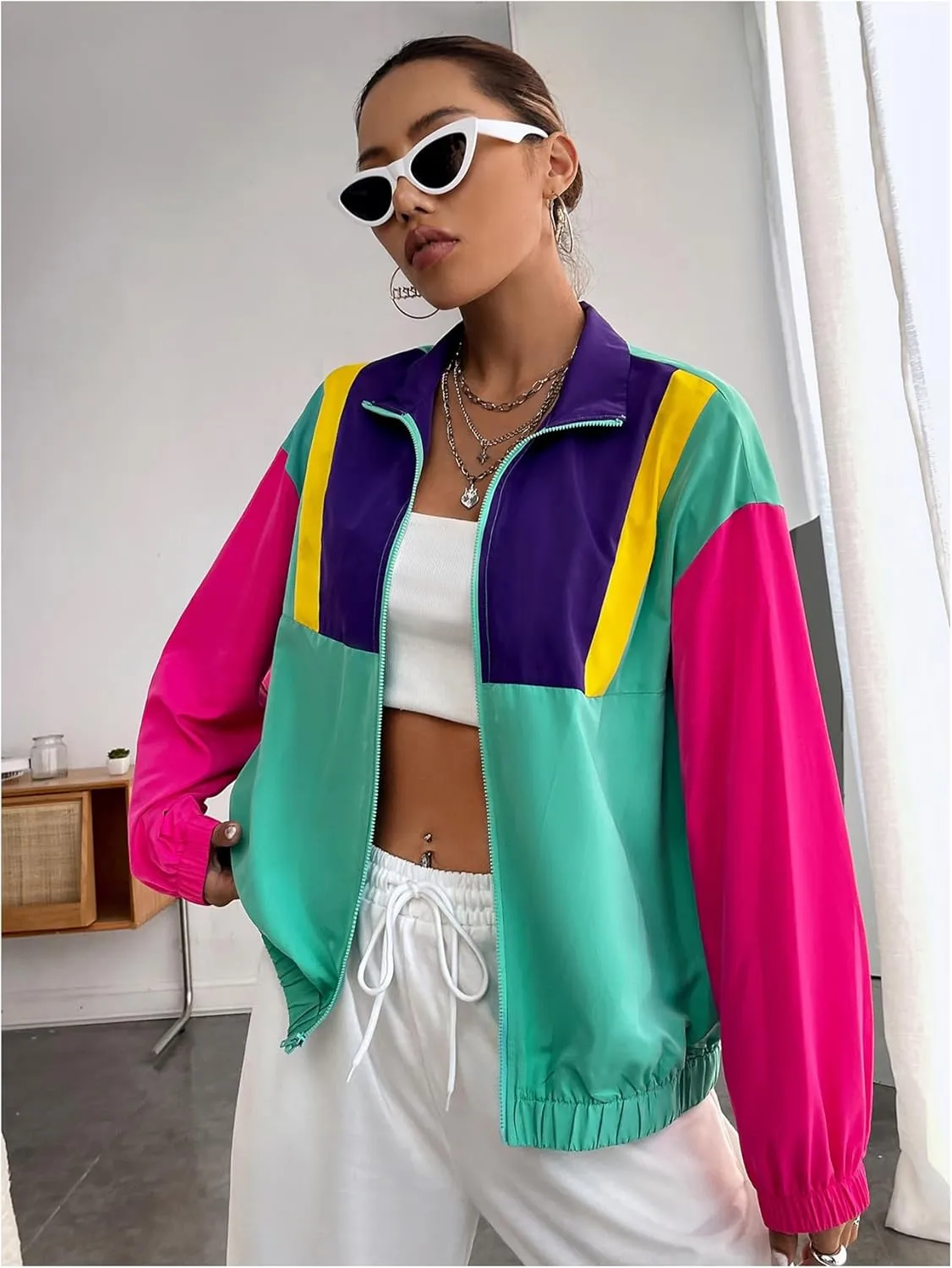 Verdusa Women's Color Block Windbreaker Jacket Zip Up Drop Shoulder Collar Outerwear