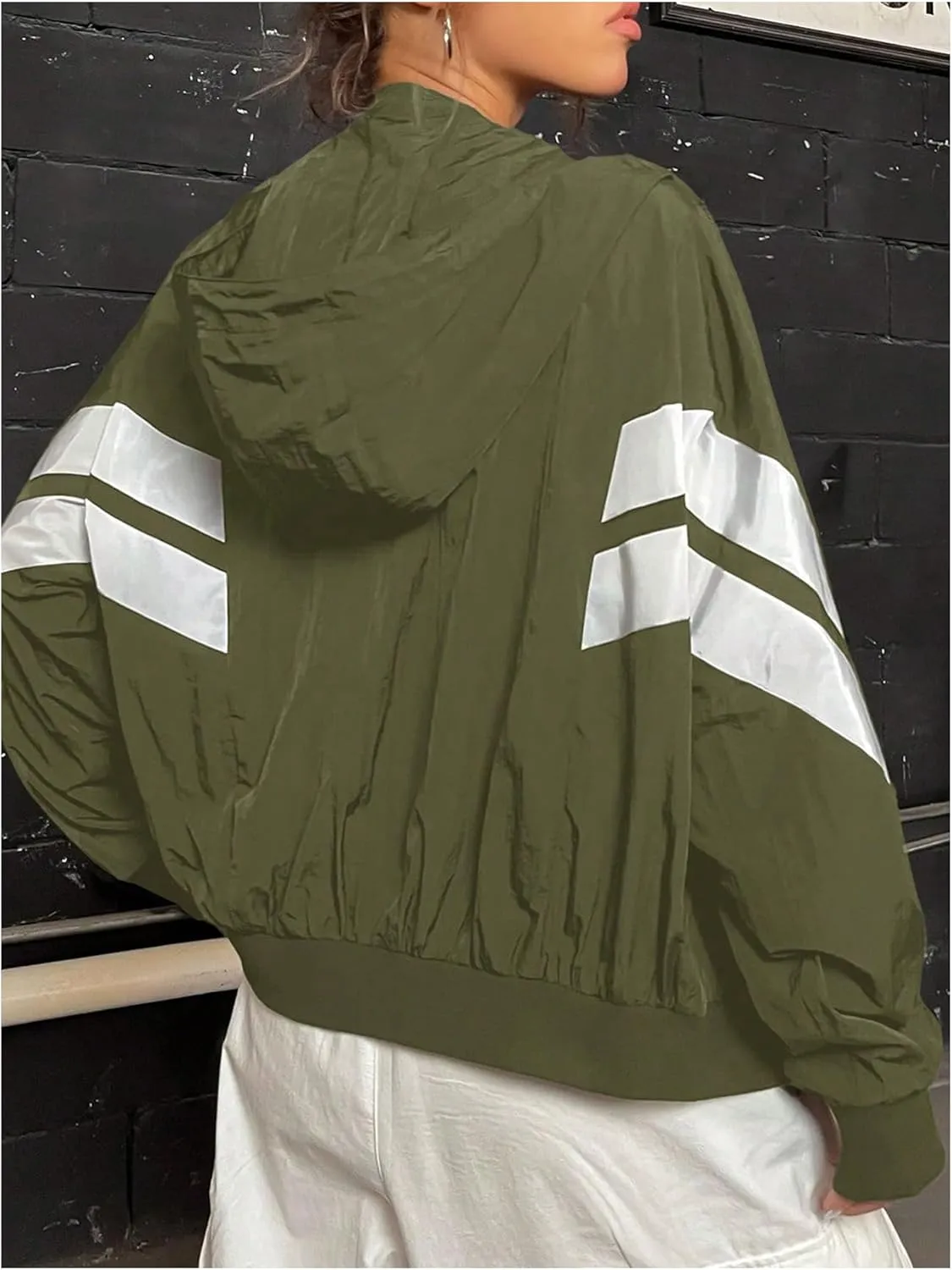 Verdusa Women's Color Block Zip Up Hooded Jacket Outerwear Loose Windbreaker Jackets