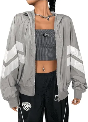 Verdusa Women's Color Block Zip Up Hooded Jacket Outerwear Loose Windbreaker Jackets