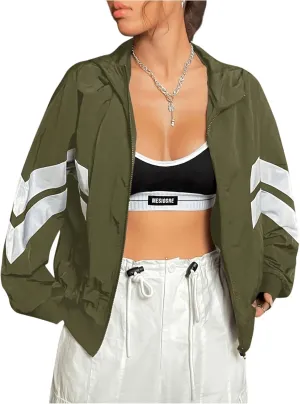 Verdusa Women's Color Block Zip Up Hooded Jacket Outerwear Loose Windbreaker Jackets