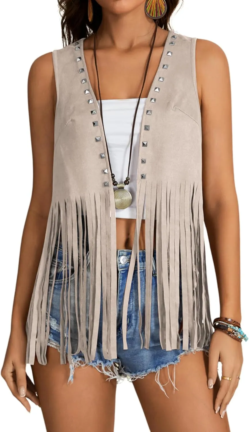 Verdusa Women's Fringe Rivets Sleeveless Vest Cardigan Casual Tassel Outerwear