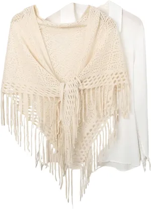 Verdusa Women's Fringe Shrug Sweaters Shawl Front Warp Cardigan Hollow Out Knitted Shawl Wraps