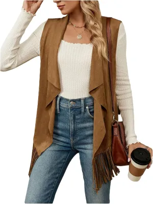 Verdusa Women's Fringe Vest 70s Hippie Sleeveless Western Faux Suede Cardigan Outerwear