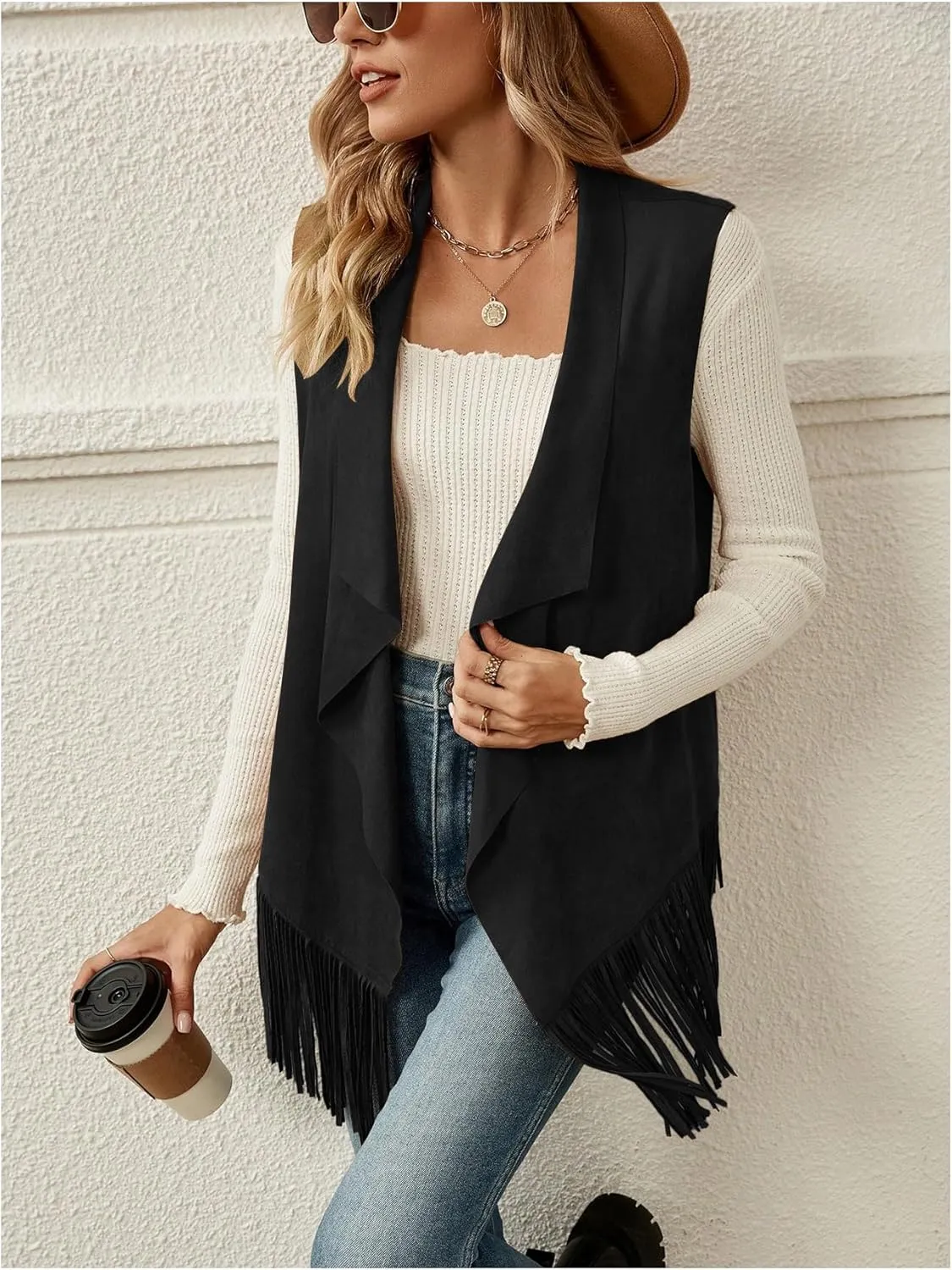 Verdusa Women's Fringe Vest 70s Hippie Sleeveless Western Faux Suede Cardigan Outerwear