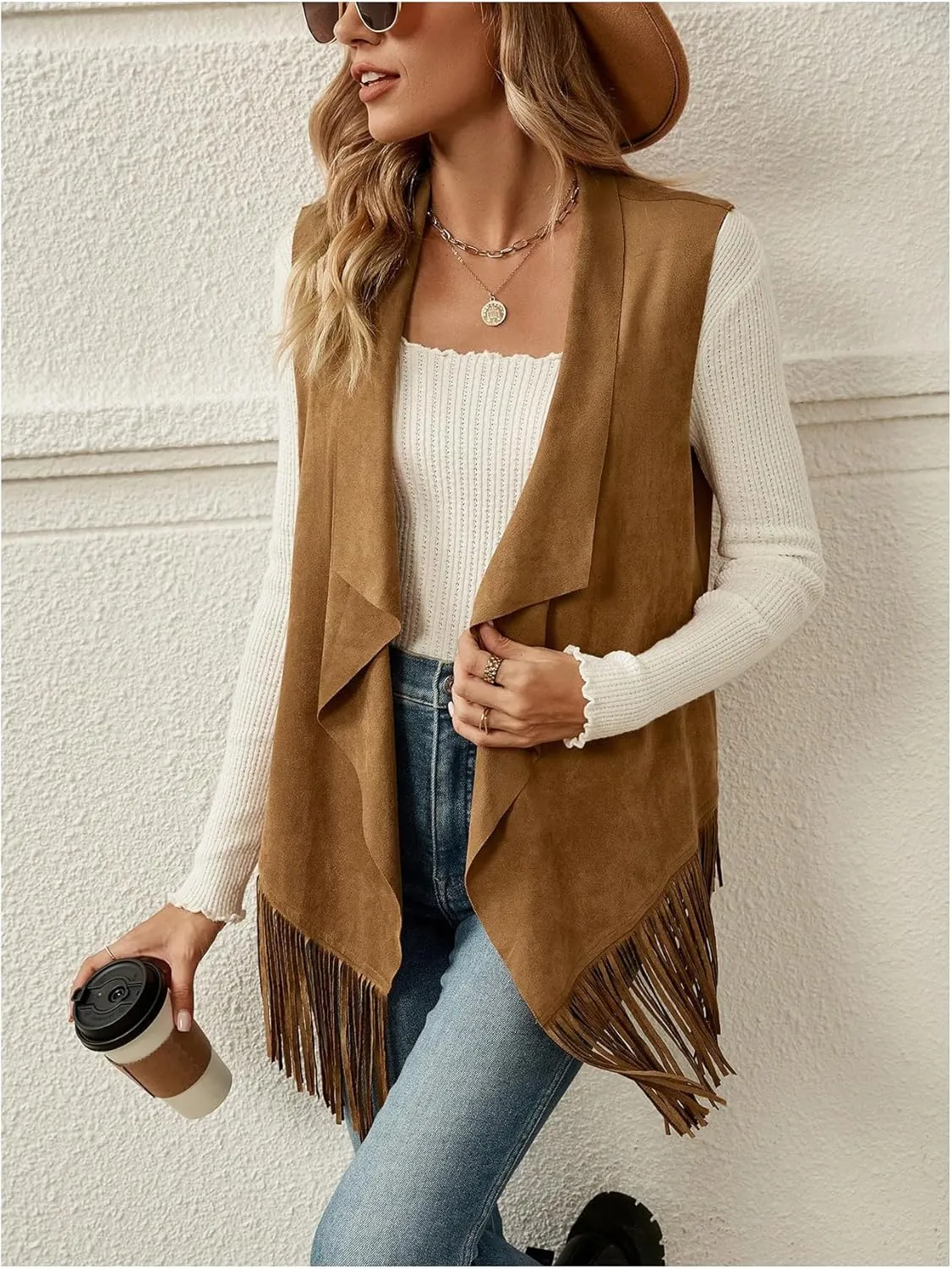 Verdusa Women's Fringe Vest 70s Hippie Sleeveless Western Faux Suede Cardigan Outerwear
