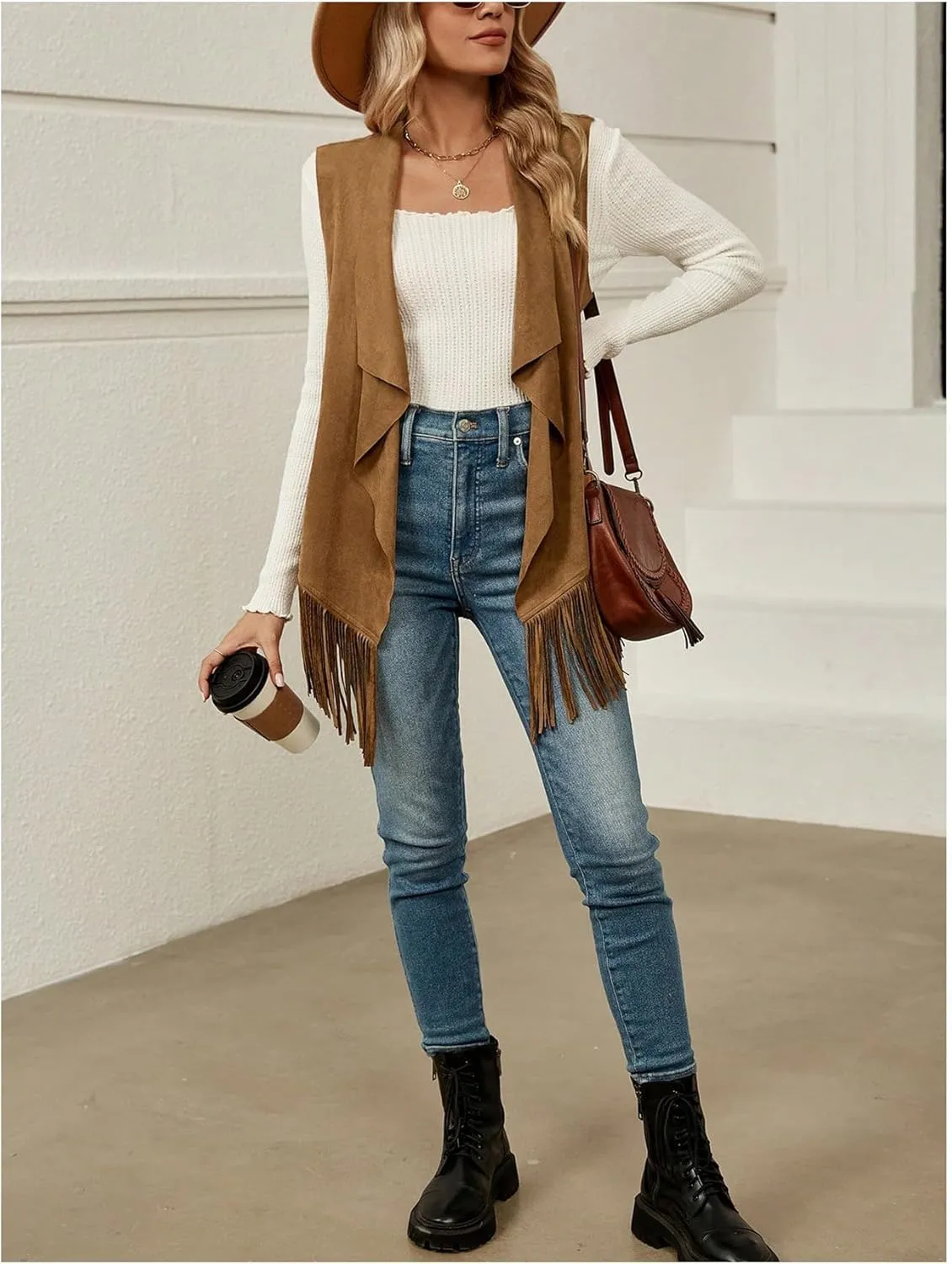 Verdusa Women's Fringe Vest 70s Hippie Sleeveless Western Faux Suede Cardigan Outerwear