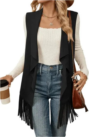 Verdusa Women's Fringe Vest 70s Hippie Sleeveless Western Faux Suede Cardigan Outerwear