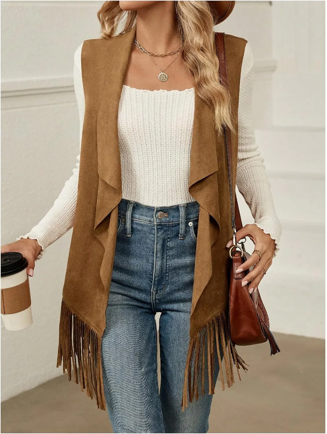 Verdusa Women's Fringe Vest 70s Hippie Sleeveless Western Faux Suede Cardigan Outerwear
