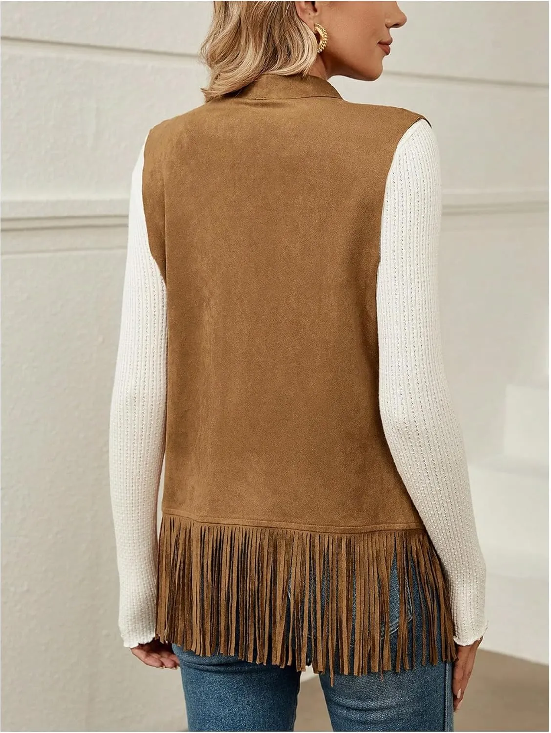 Verdusa Women's Fringe Vest 70s Hippie Sleeveless Western Faux Suede Cardigan Outerwear