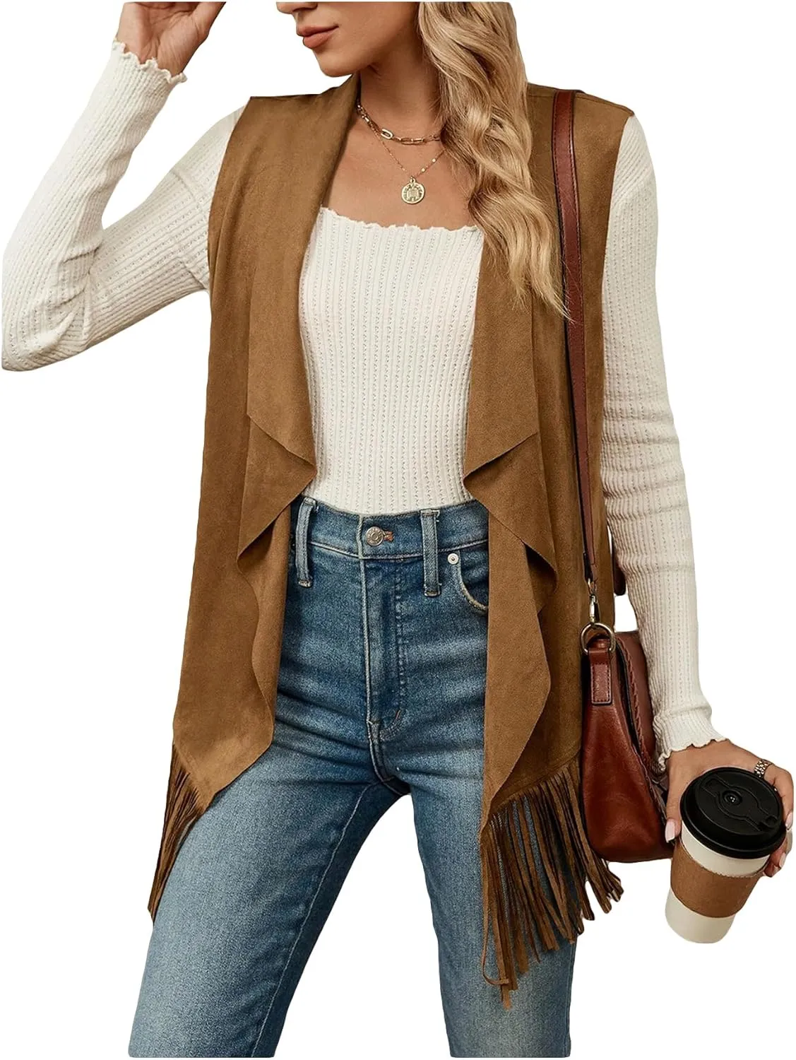 Verdusa Women's Fringe Vest 70s Hippie Sleeveless Western Faux Suede Cardigan Outerwear