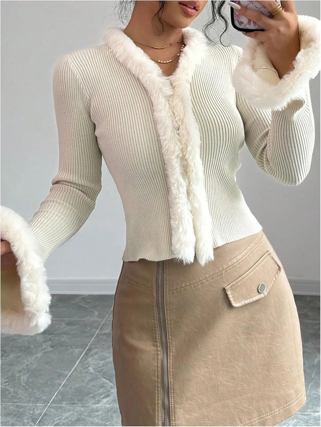 Verdusa Women's Fuzzy Fleece Collar Cardigan Sweaters Long Flare Sleeve Fitted Knit Tops