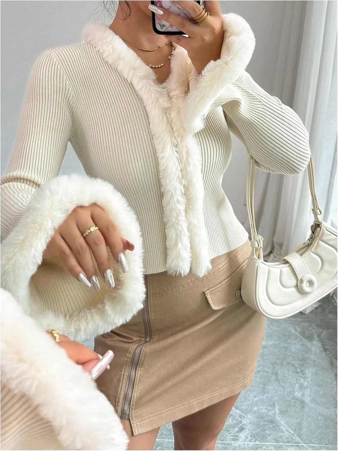 Verdusa Women's Fuzzy Fleece Collar Cardigan Sweaters Long Flare Sleeve Fitted Knit Tops