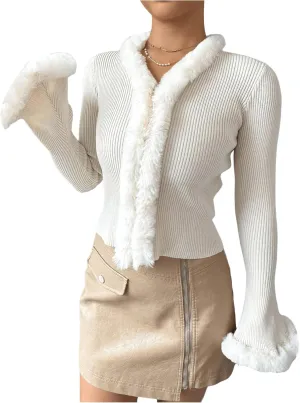 Verdusa Women's Fuzzy Fleece Collar Cardigan Sweaters Long Flare Sleeve Fitted Knit Tops