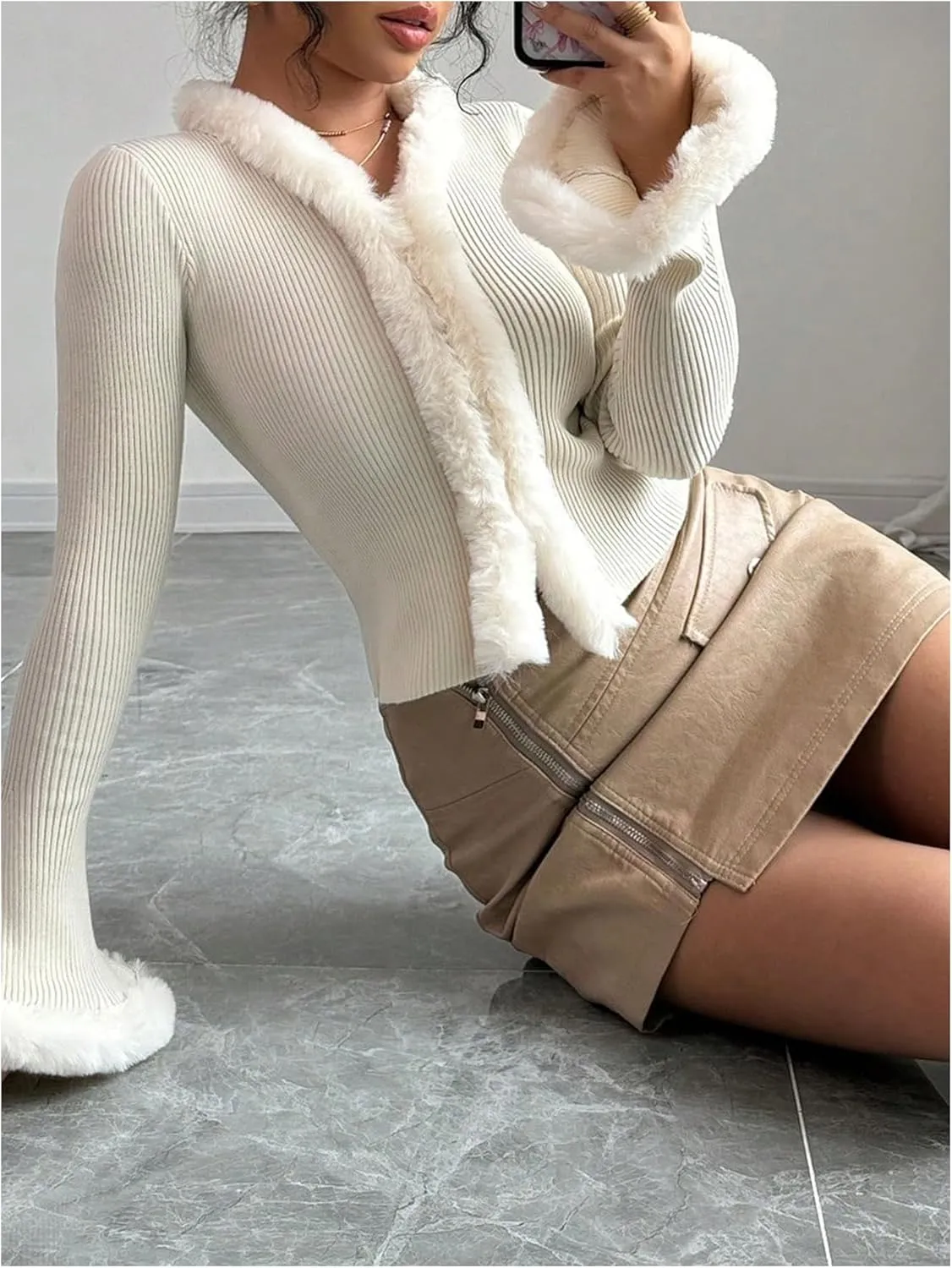 Verdusa Women's Fuzzy Fleece Collar Cardigan Sweaters Long Flare Sleeve Fitted Knit Tops