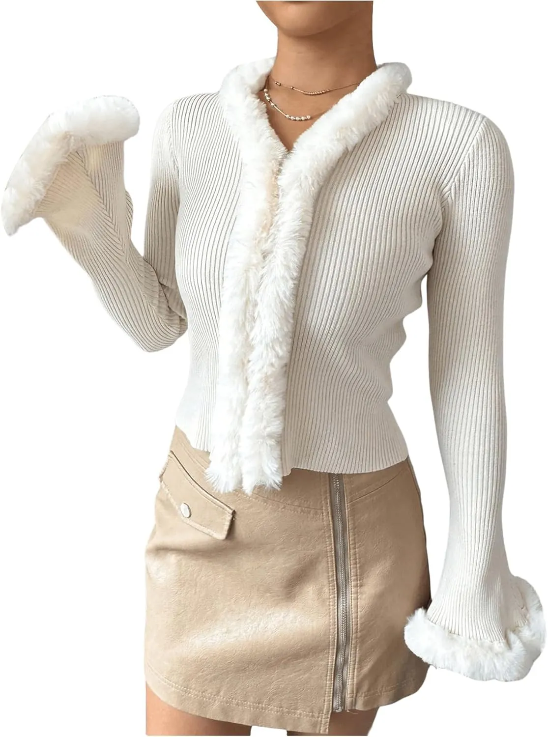 Verdusa Women's Fuzzy Fleece Collar Cardigan Sweaters Long Flare Sleeve Fitted Knit Tops