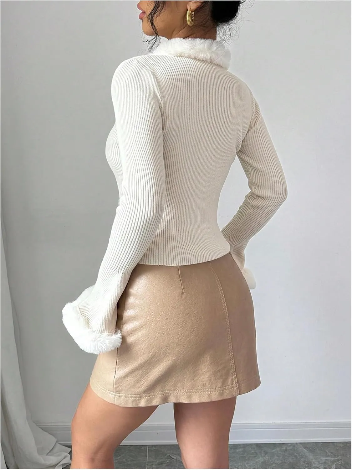 Verdusa Women's Fuzzy Fleece Collar Cardigan Sweaters Long Flare Sleeve Fitted Knit Tops