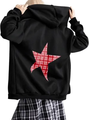 Verdusa Women's Oversized Zip Up Hoodie Graphic Long Sleeve Drawstring Jacket Outerwear