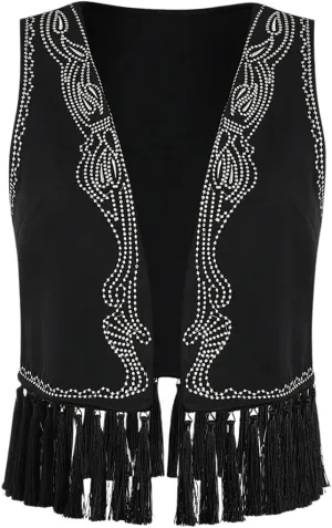 Verdusa Women's Tassel Sleeveless Embroidery Open Front Cardigan Vest Fringe Outerwear