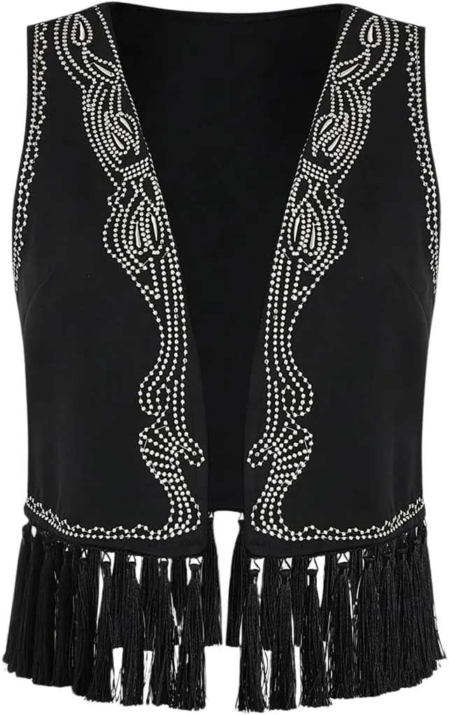 Verdusa Women's Tassel Sleeveless Embroidery Open Front Cardigan Vest Fringe Outerwear