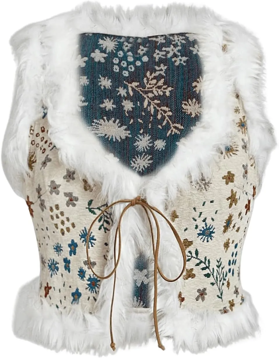 Verdusa Women's Tie Front Floral Cropped Vest Waistcoat Plush Sleeveless Outerwear