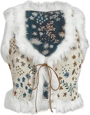 Verdusa Women's Tie Front Floral Cropped Vest Waistcoat Plush Sleeveless Outerwear