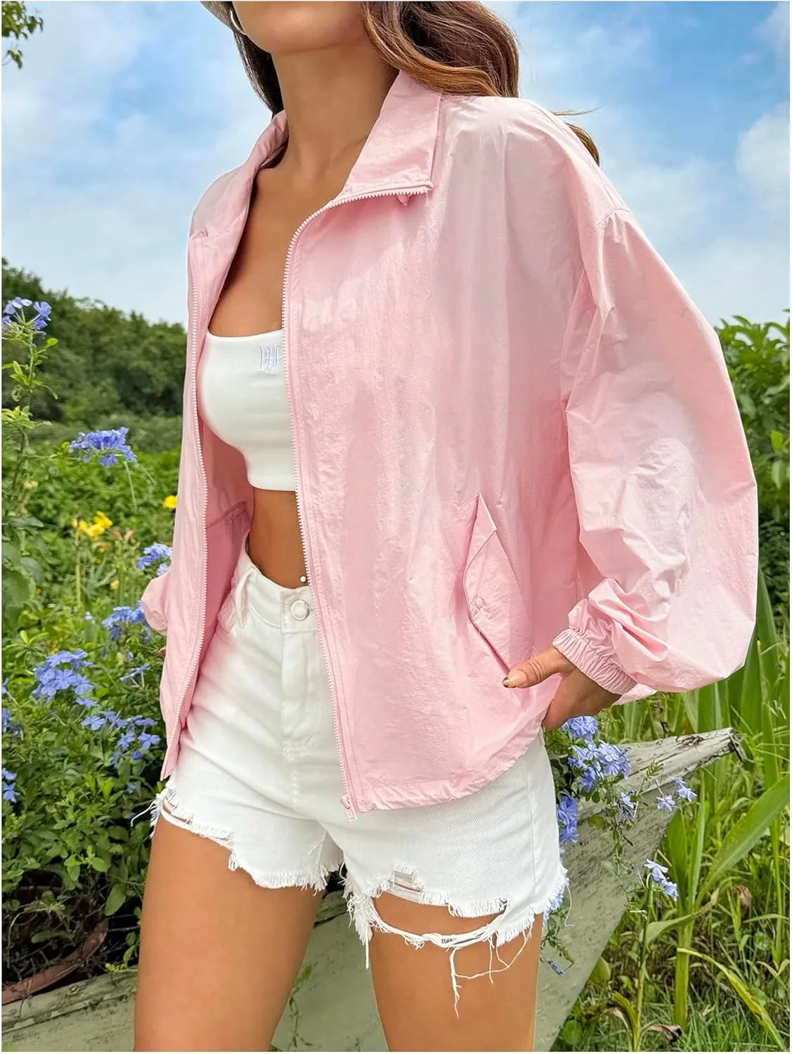 Verdusa Women's Zip Up Drawstring Drop Shoulder Windbreaker Jacket Outerwear