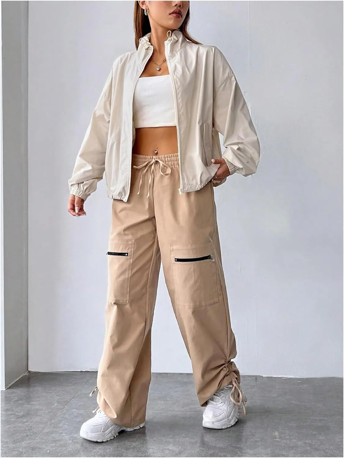 Verdusa Women's Zip Up Drawstring Drop Shoulder Windbreaker Jacket Outerwear