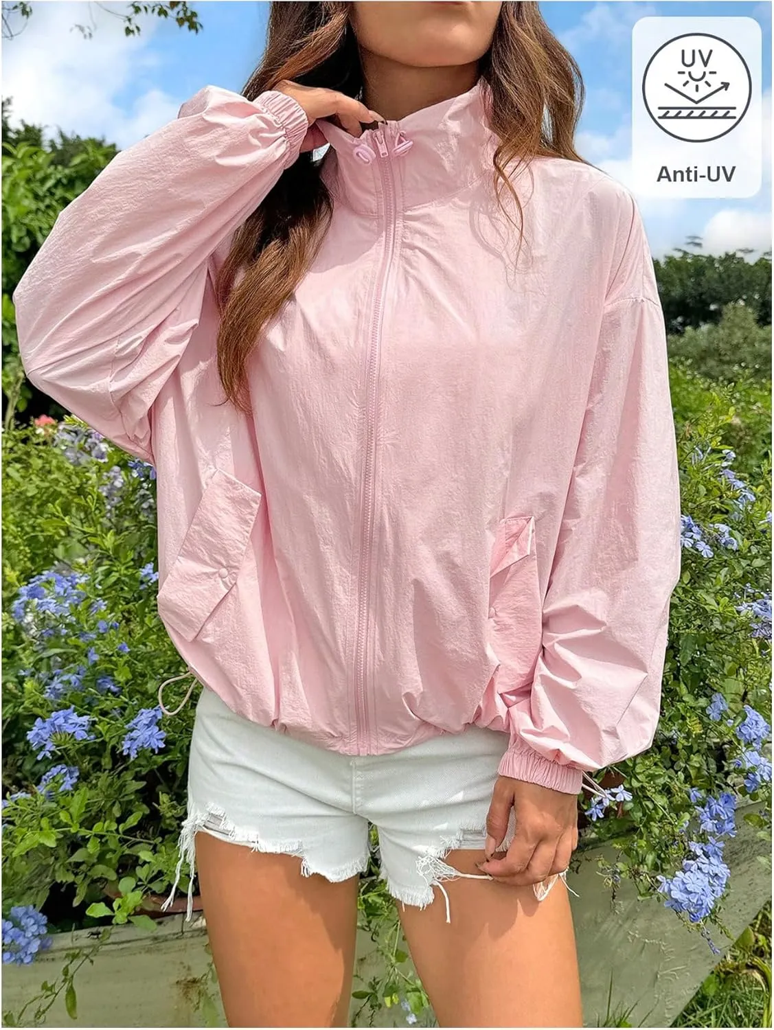 Verdusa Women's Zip Up Drawstring Drop Shoulder Windbreaker Jacket Outerwear