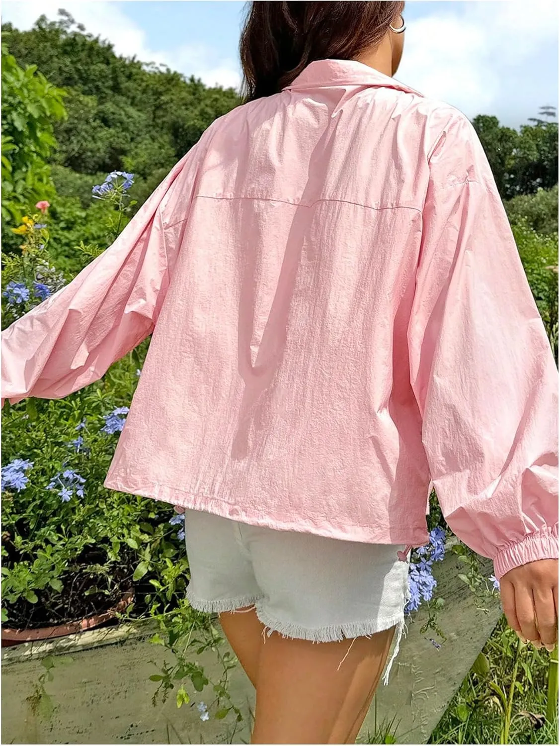 Verdusa Women's Zip Up Drawstring Drop Shoulder Windbreaker Jacket Outerwear