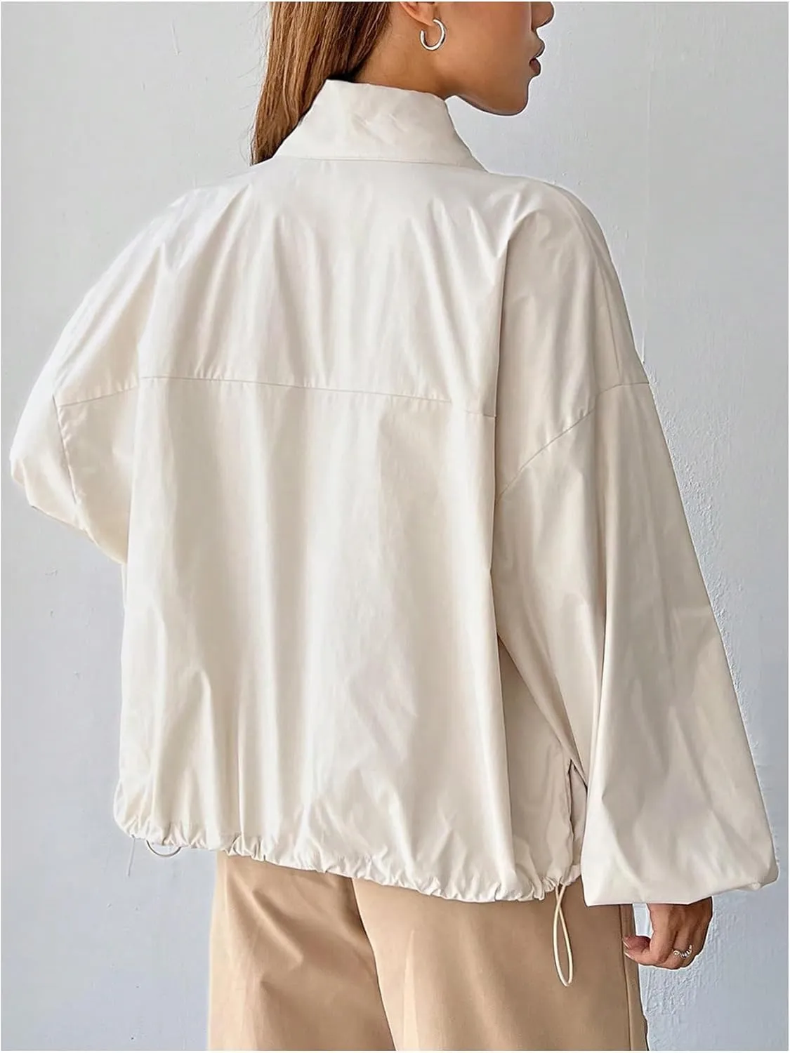 Verdusa Women's Zip Up Drawstring Drop Shoulder Windbreaker Jacket Outerwear