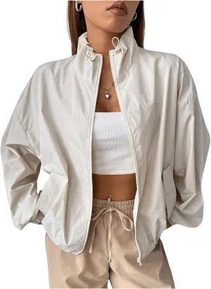 Verdusa Women's Zip Up Drawstring Drop Shoulder Windbreaker Jacket Outerwear