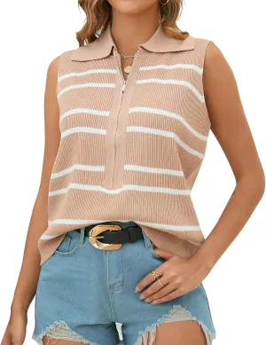 Vest Tops for Women Striped Sweater Zip Up V Neck Cap Sleeve Tops Crochet Cropped Casual Pullover Tank Top