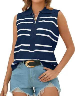 Vest Tops for Women Striped Sweater Zip Up V Neck Cap Sleeve Tops Crochet Cropped Casual Pullover Tank Top