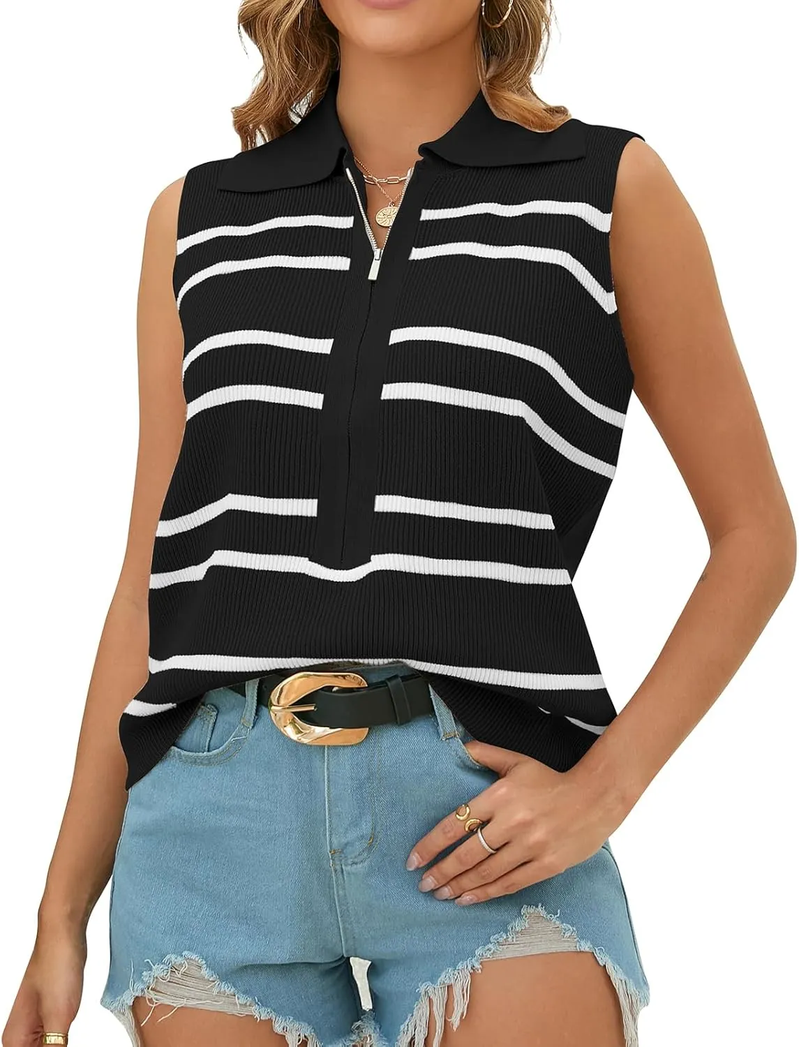 Vest Tops for Women Striped Sweater Zip Up V Neck Cap Sleeve Tops Crochet Cropped Casual Pullover Tank Top