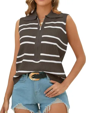 Vest Tops for Women Striped Sweater Zip Up V Neck Cap Sleeve Tops Crochet Cropped Casual Pullover Tank Top