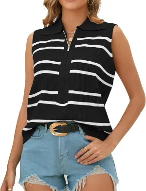 Vest Tops for Women Striped Sweater Zip Up V Neck Cap Sleeve Tops Crochet Cropped Casual Pullover Tank Top
