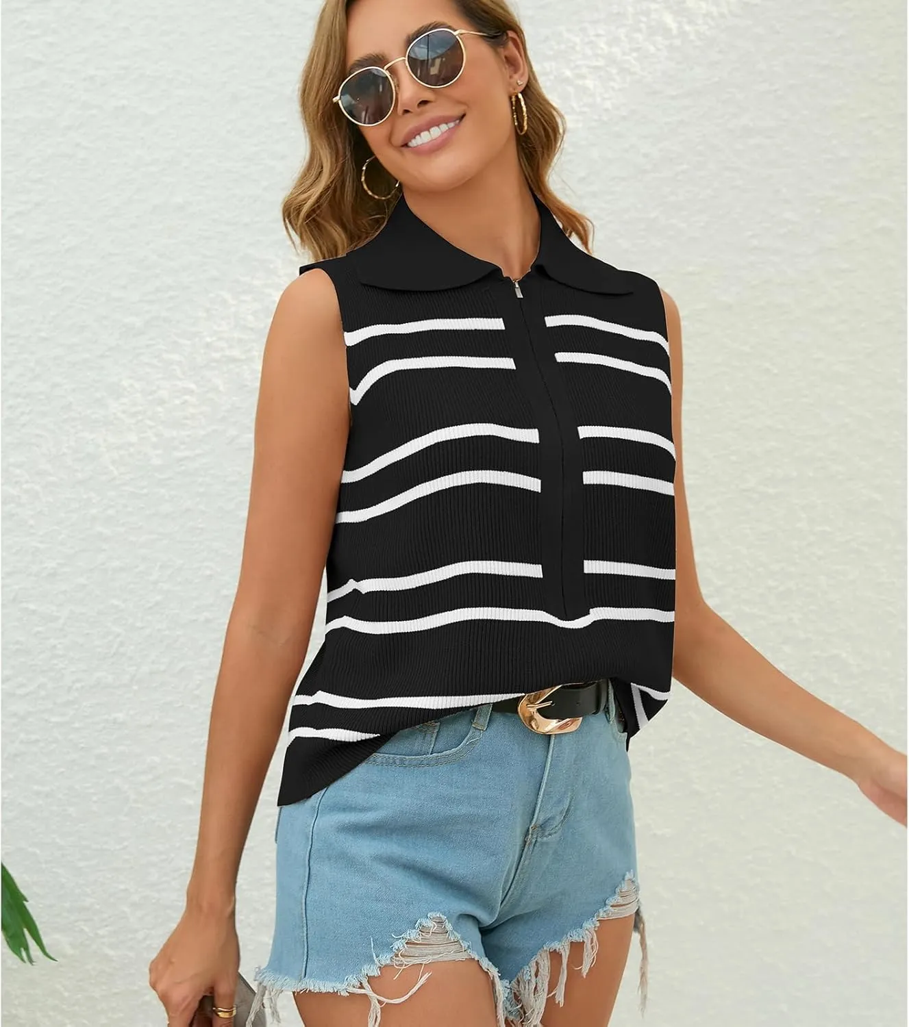 Vest Tops for Women Striped Sweater Zip Up V Neck Cap Sleeve Tops Crochet Cropped Casual Pullover Tank Top