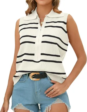 Vest Tops for Women Striped Sweater Zip Up V Neck Cap Sleeve Tops Crochet Cropped Casual Pullover Tank Top