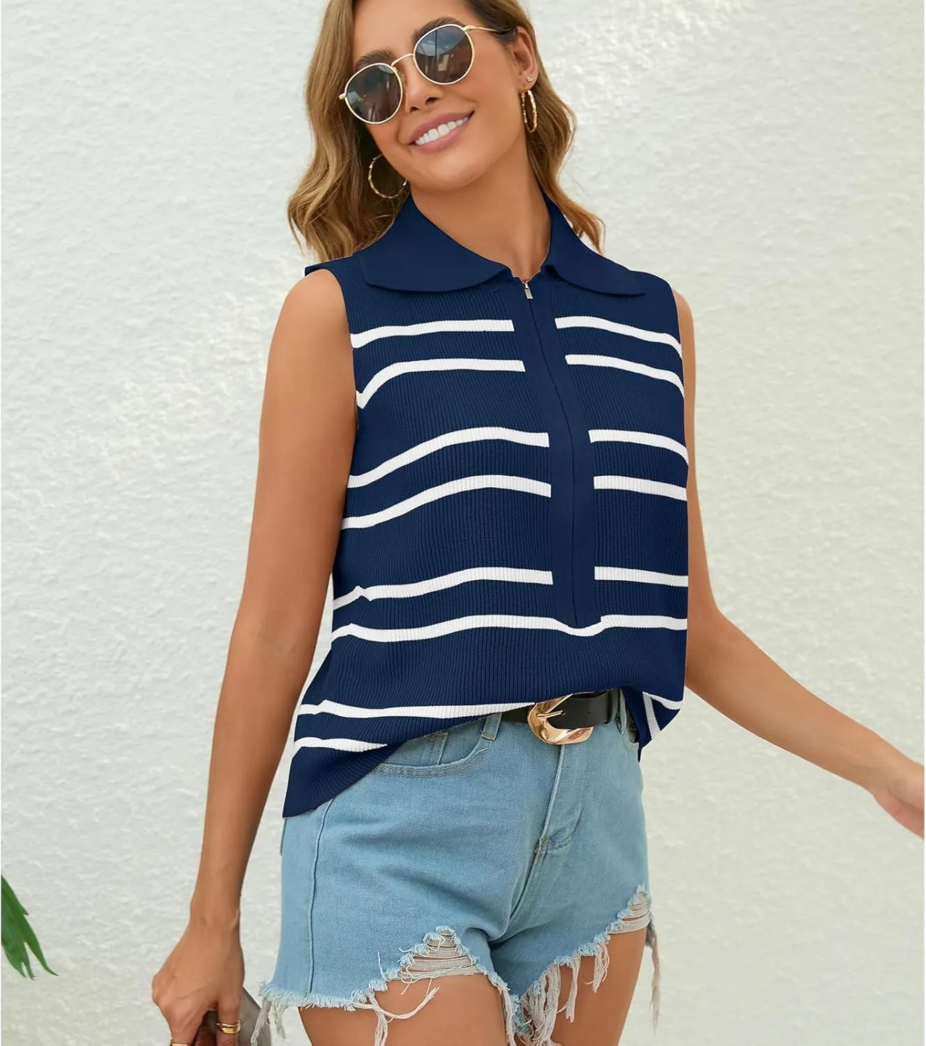 Vest Tops for Women Striped Sweater Zip Up V Neck Cap Sleeve Tops Crochet Cropped Casual Pullover Tank Top