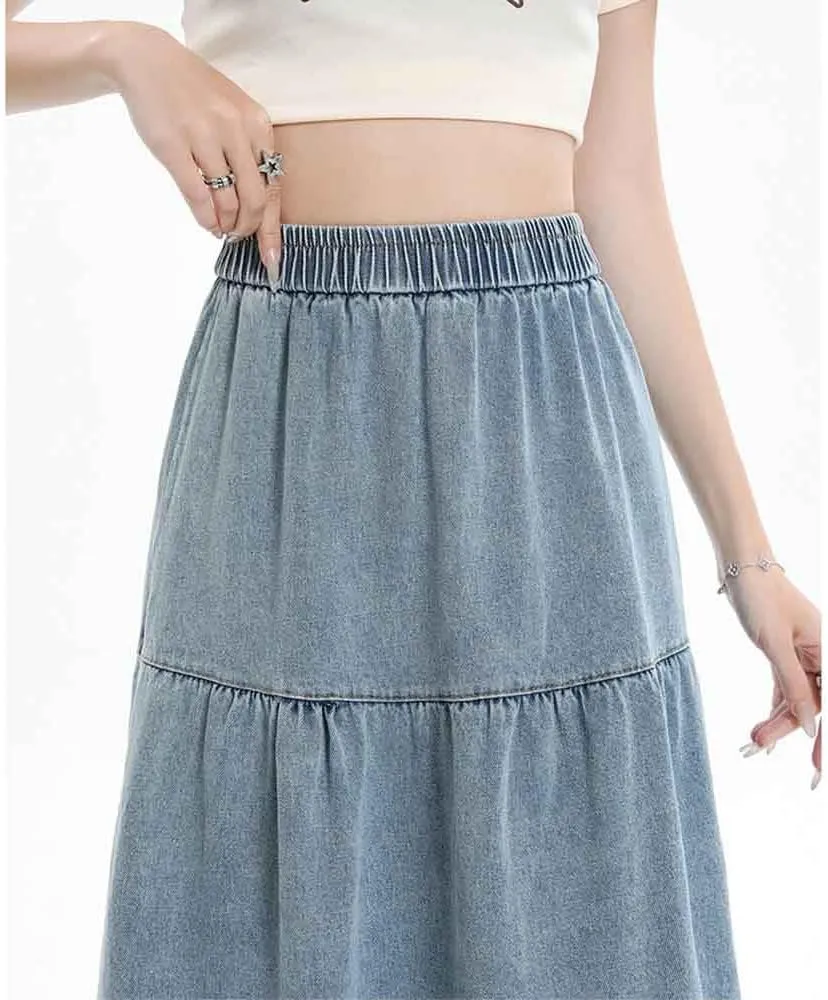 Vintage denim skirt with elastic waistband and high waisted A-line skirt, fashionable denim midi skirt