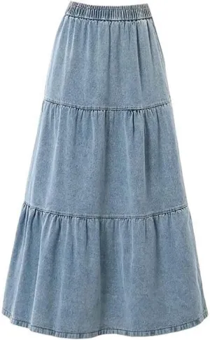 Vintage denim skirt with elastic waistband and high waisted A-line skirt, fashionable denim midi skirt
