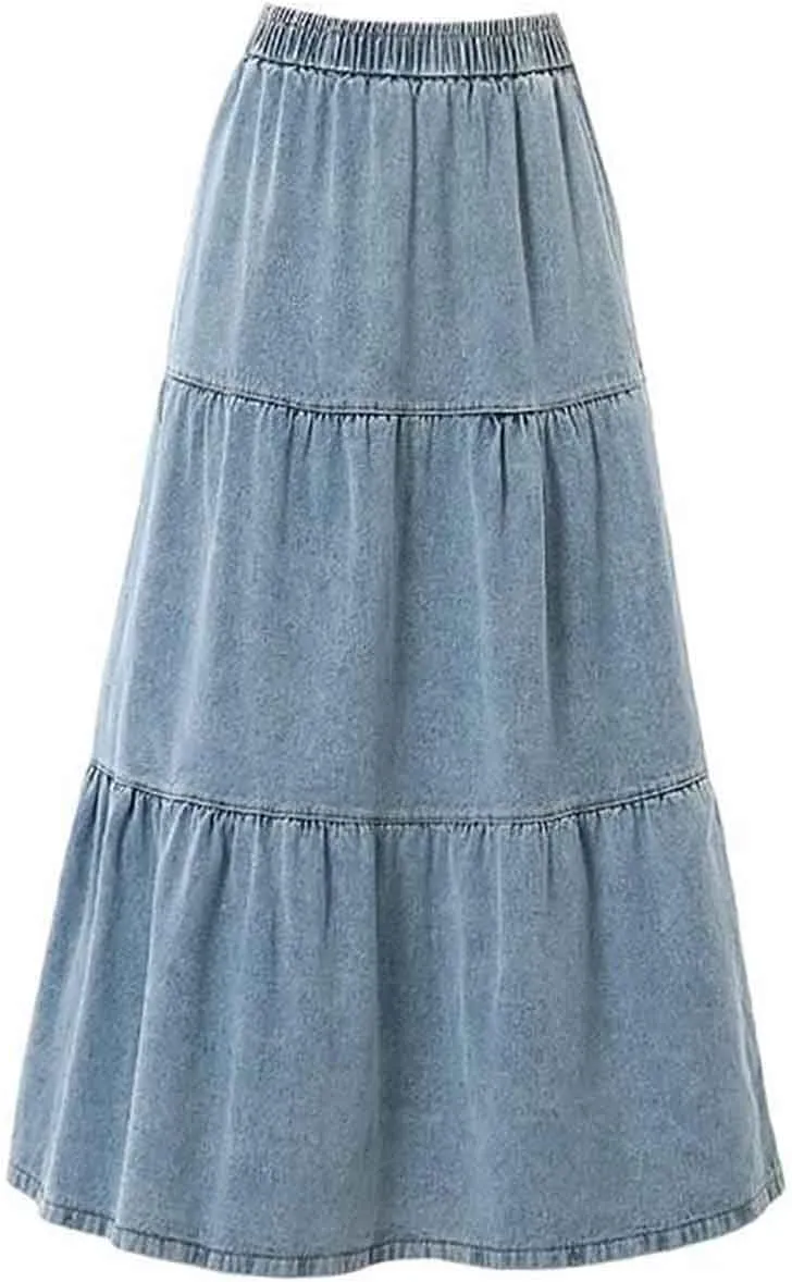 Vintage denim skirt with elastic waistband and high waisted A-line skirt, fashionable denim midi skirt