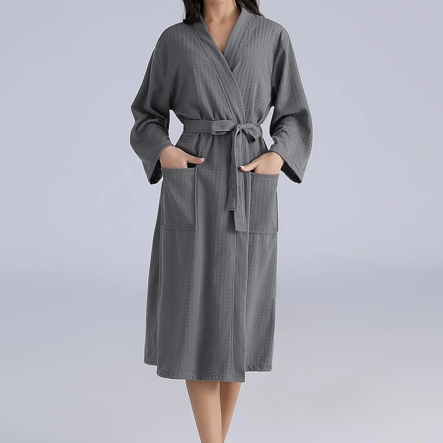 Waffle Knit Robe Women Men Mid Length Bathrobe Belted Plain Color Bath Robes Couple Lightweight Nightgown with Pockets