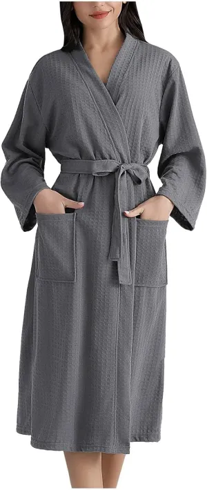 Waffle Knit Robe Women Men Mid Length Bathrobe Belted Plain Color Bath Robes Couple Lightweight Nightgown with Pockets