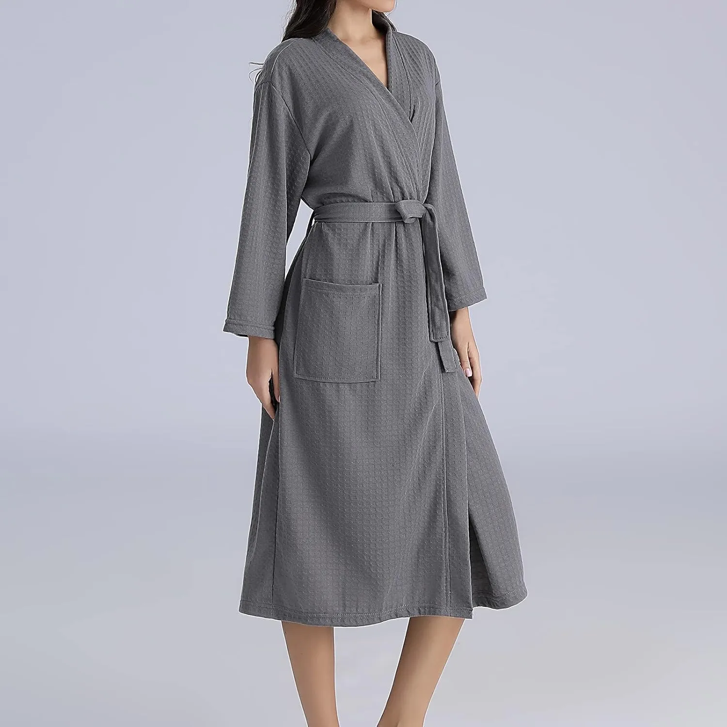 Waffle Knit Robe Women Men Mid Length Bathrobe Belted Plain Color Bath Robes Couple Lightweight Nightgown with Pockets