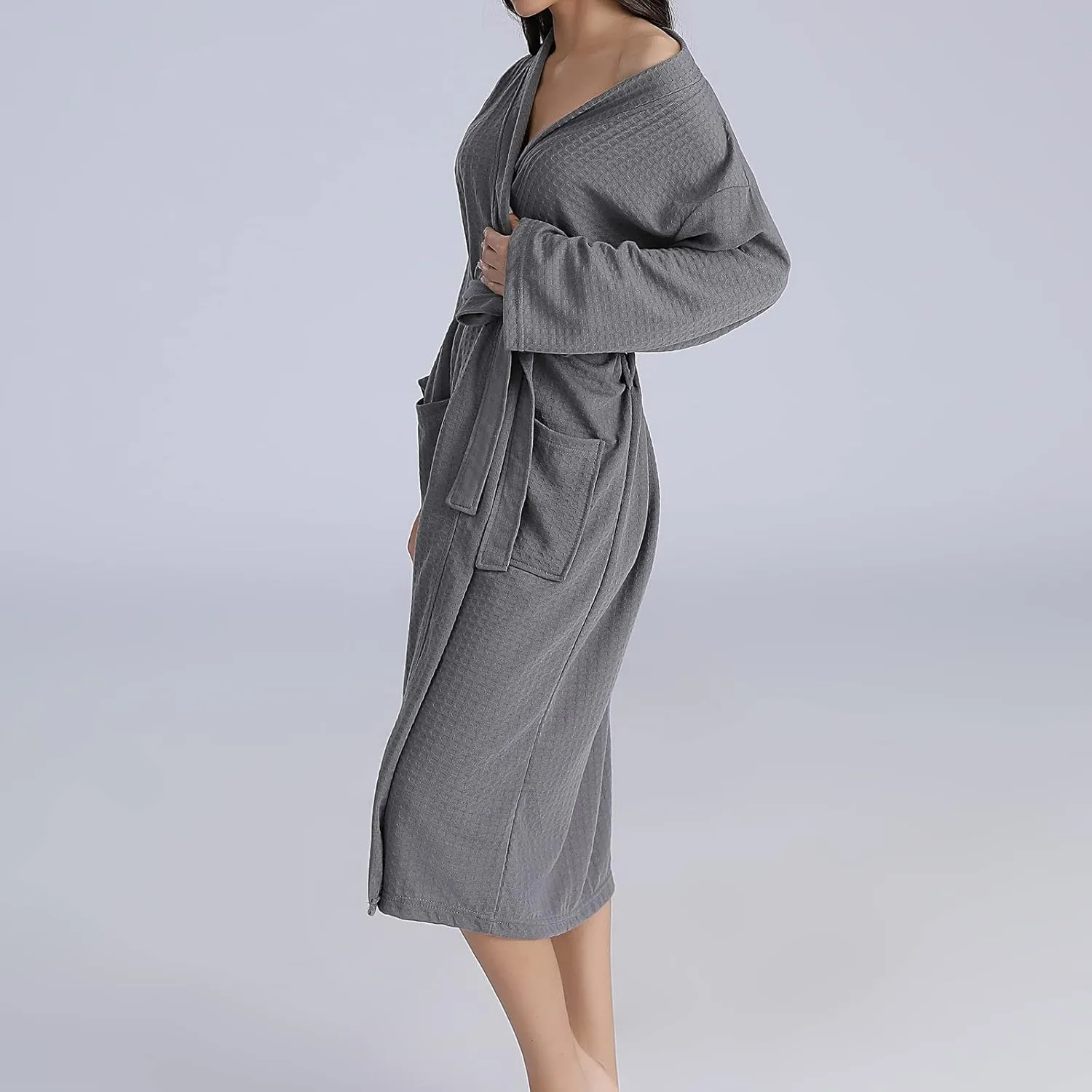 Waffle Knit Robe Women Men Mid Length Bathrobe Belted Plain Color Bath Robes Couple Lightweight Nightgown with Pockets