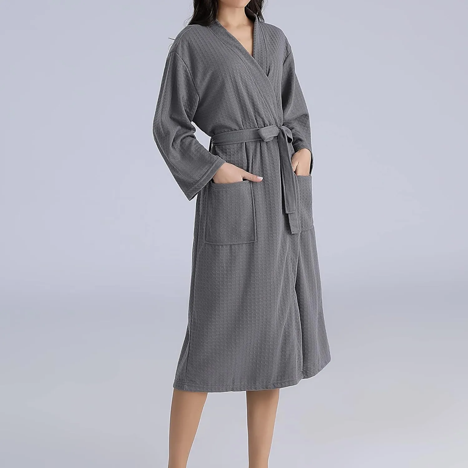 Waffle Knit Robe Women Men Mid Length Bathrobe Belted Plain Color Bath Robes Couple Lightweight Nightgown with Pockets