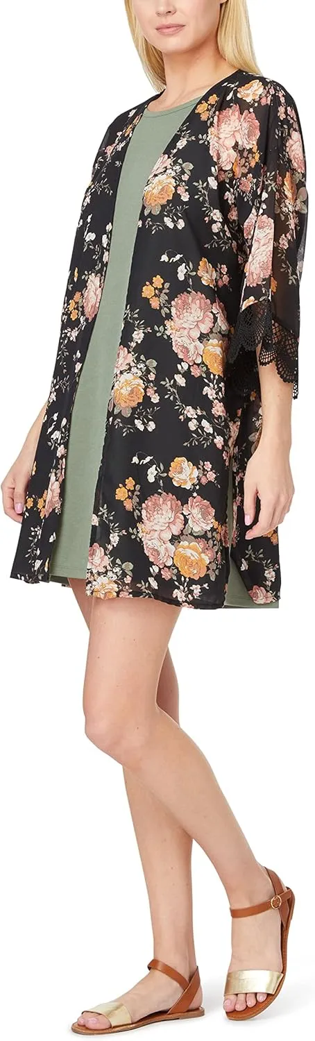 WallFlower Women's Sleeveless Swing Dress & Printed Kimono Set