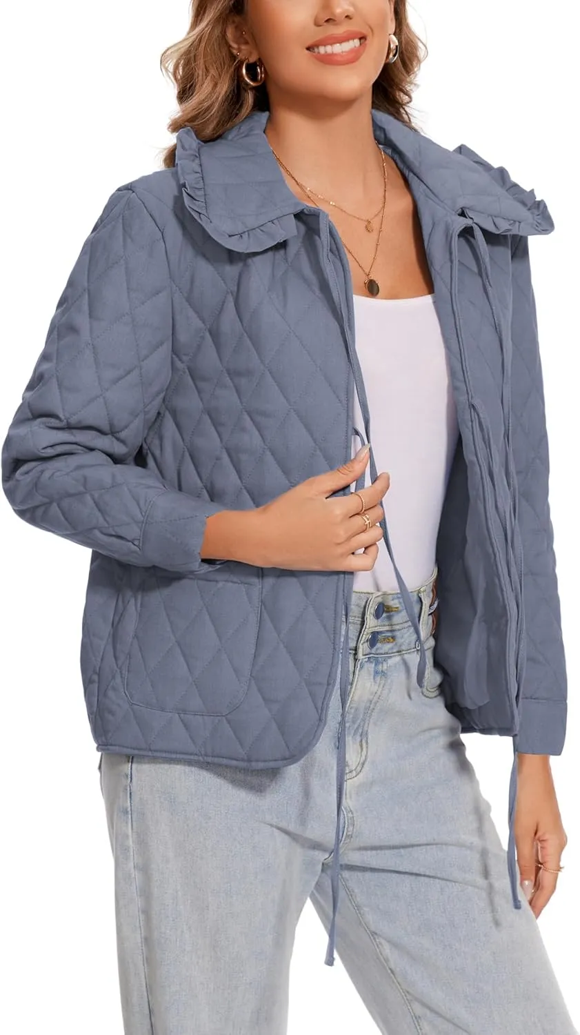 Wanzetaly Womens Casual Lightweight Quilted Jacket Bow Tie Front Outerwear Winter Padded Coat with Pockets