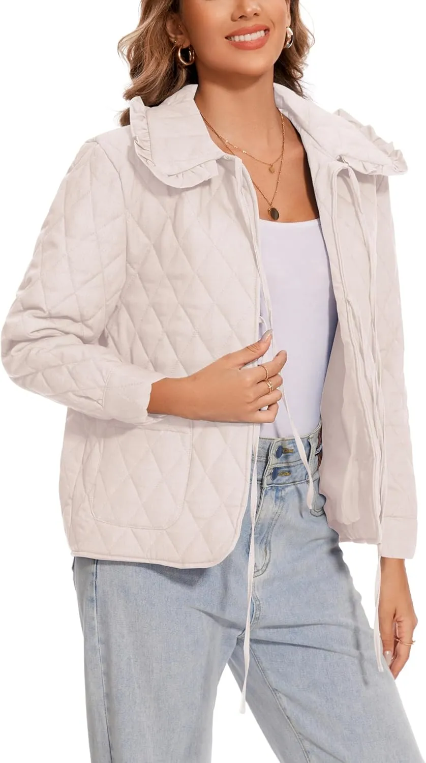 Wanzetaly Womens Casual Lightweight Quilted Jacket Bow Tie Front Outerwear Winter Padded Coat with Pockets